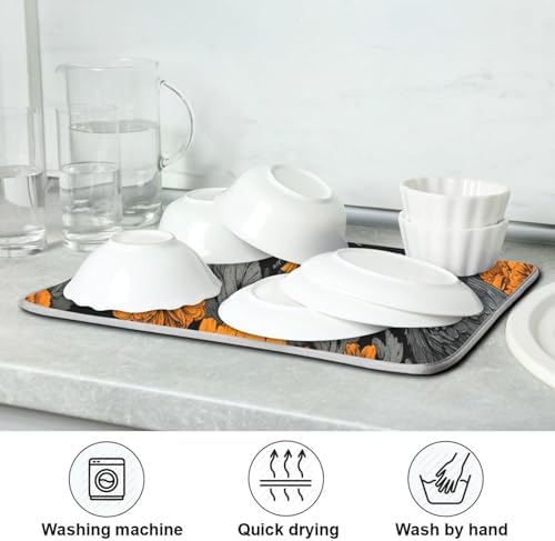 OTVEE Dark Floral Skull Dish Drying Mat for Kitchen Counter Absorbent