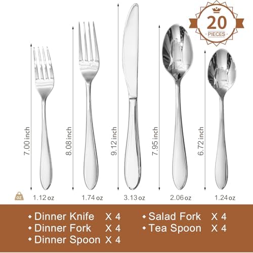 KINGSTONE 20-Piece Silverware Set for 4,18/10 Stainless Steel