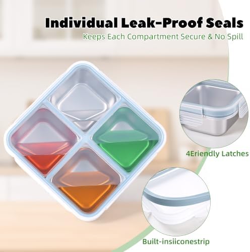 4 Pack Stainless Steel Snack Containers, 4 Compartments,24