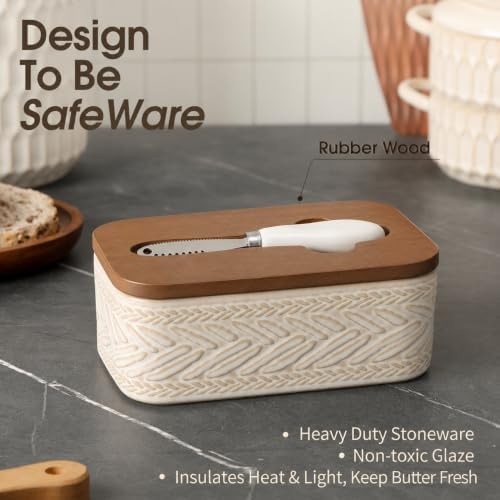 Ceramic Butter Dish with Lid and Knife, Textured Beige Pattern