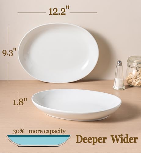 12 Inch Oval Serving Platters Set of 3, White Ceramic Serving Platters for Serving Food, Deep Porcelain Oval Platter for Appetizers, Salad, Pasta, Vegetables, Microwave Dishwasher Oven Safe
