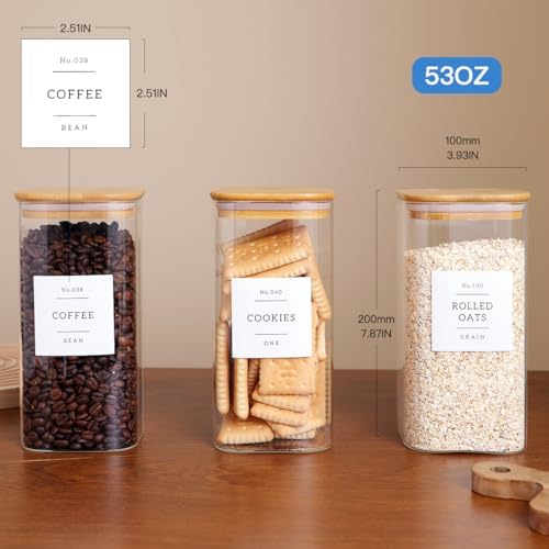 CZZGSM 3 Pack Square Glass Kitchen Storage Jars with Airtight Bamboo
