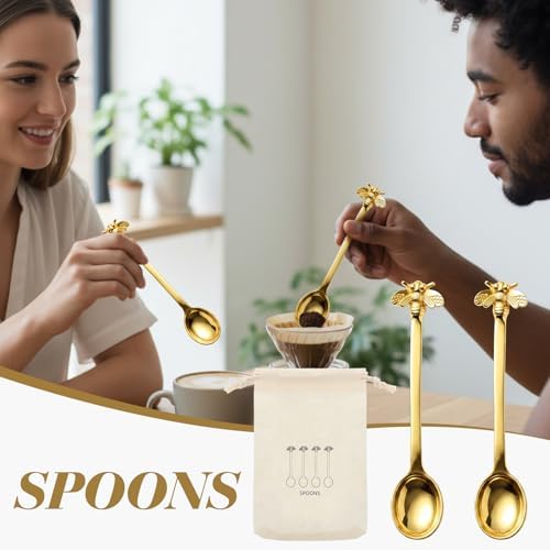 4 Pcs Brass Gold Flower Spoons Tea Spoons for Tea Party, Bee