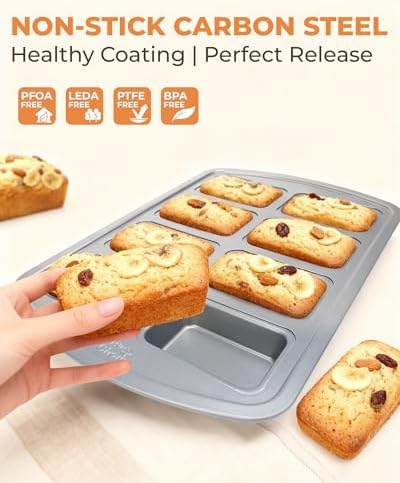 Bake Choice Mini Loaf Pan, 8-Cavity Non-Stick Carbon Steel Baking Pans