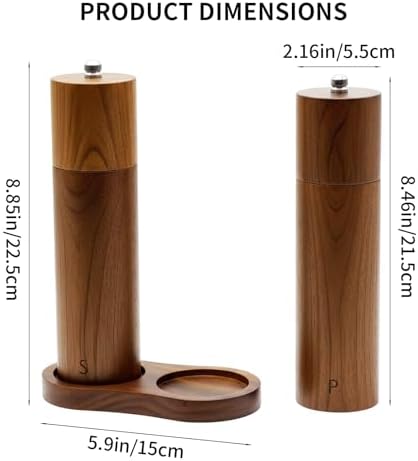 8 Inch Acacia Wooden Salt and Pepper Grinder Set, Refillable