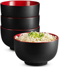 KooK Ceramic Japanese Noodle Bowl Set, 34 oz, Set of 4, Black/Red