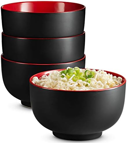 KooK Ceramic Japanese Noodle Bowl Set, 34 oz, Set of 4, Black/Red