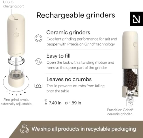 LARS NYSØM Electric Salt and Pepper Grinder Set, USB Rechargeable