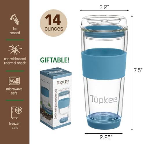 Double Wall Glass Tumbler, 14-Ounce Glass Travel Coffee Mug with Lid