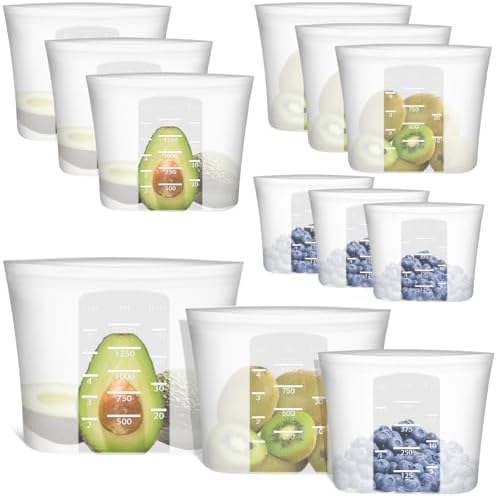100% Silicone Reusable Storage Bag, 9 Pack Stand-Up Wide-Mouth