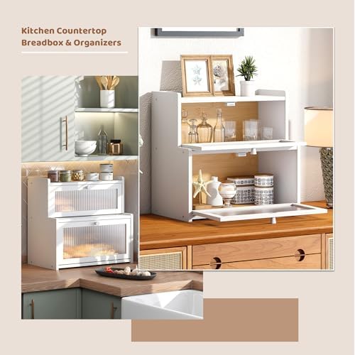 Bread Box for Kitchen Countertop Double Layer Large Corner Bread Box Capacity Bread Storage Bin Farmhouse Breadbox Container Organizer Cabinet Cupboard (White)