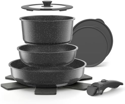 YASHE 9Pcs Granite Nonstick Pots and Pans Set, Stackable, Oven Safe