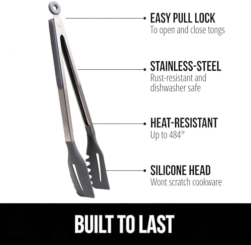 3-in-1 Silicone Kitchen Tongs Set of 2, 11 and 14 Inch, Gray
