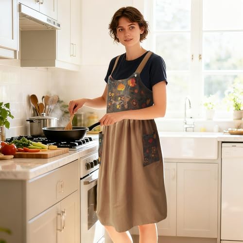 Apron for Women Cotton Linen with Large Pockets Floral No Waist Tie