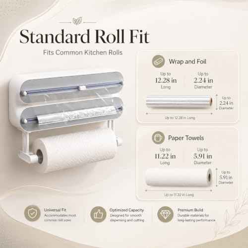 Magnetic Wrap Dispenser with Cutter, 3-in-1 Kitchen Roll Holder
