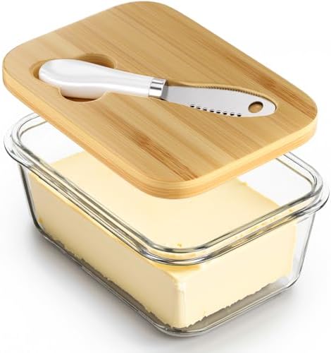 Glass Butter Dish with Bamboo Lid and Knife, Airtight Seal for