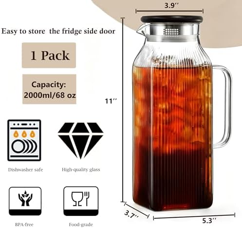 Glass Pitcher with Wooden Lid, 68 fl.oz Square Glass Carafe with