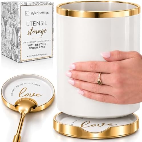 STYLED SETTINGS White Utensil Holder with Built-In Ceramic Spoon Rest