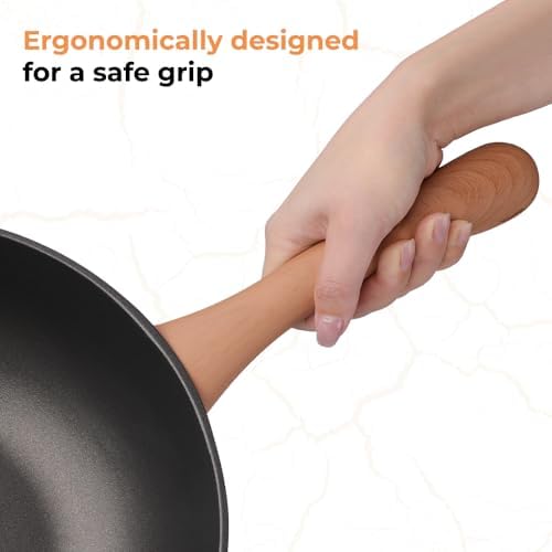 12" Nonstick Wok with Lid, Flat Bottom Titanium Coated Stir Fry Pan