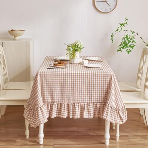 Deep Dream Gingham Ruffled Table Cloth 60 x 84 Inches, 100% Cotton