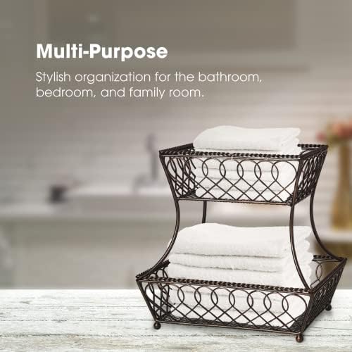 Gourmet Basics by Mikasa Loop and Lattice 2-Tier Rectangular Metal Countertop Basket, 14.25 x 12 Inches, Antique Black Finish, Kitchen Fruit and Bread Storage Organizer