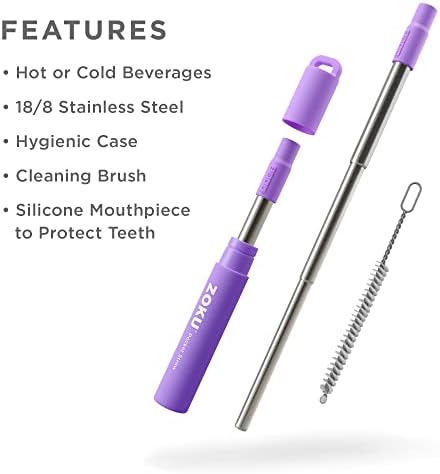 ZOKU Reusable Metal Straw with Case for Travel, Purple - Collapsible
