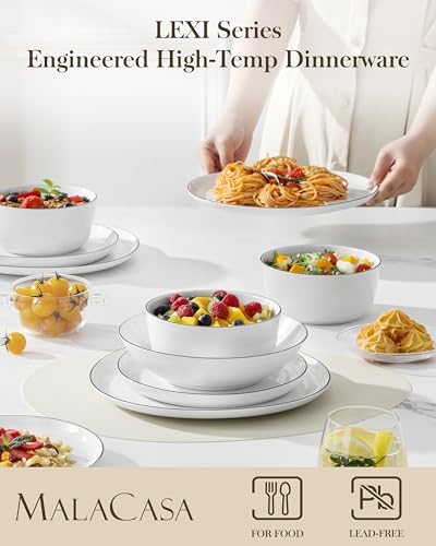 MALACASA 24-Piece Dinnerware Set for 6, White Black-Rim Porcelain