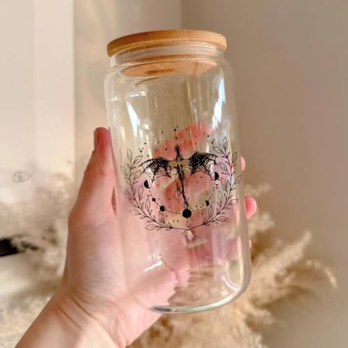 Fantasy Book Lover 16oz Glass Cup with Lid and Straw, Wing Glass