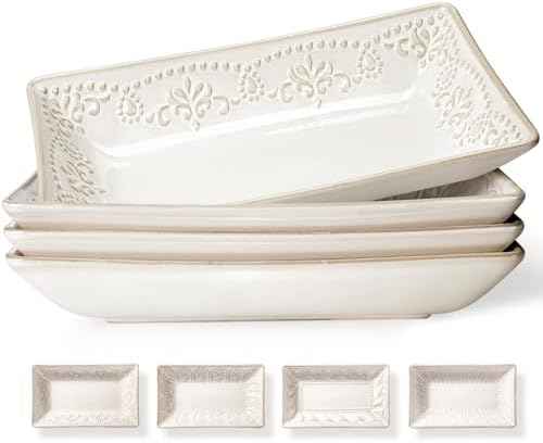 Artena Salad Plates Set of 4, 9.85" Embossed Ceramic Rectangular Appetizer Plates, Deep Lipped Edges, Microwave & Dishwasher Safe, Dessert Sushi Pasta Serving Plates (White, Multiple Patterns)