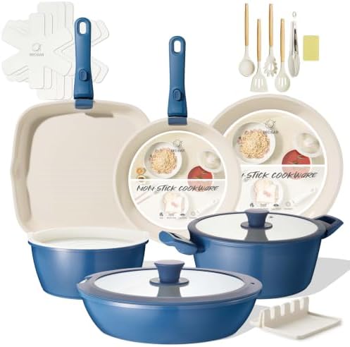 BECIGAR 23pcs Ceramic Pots and Pans Set, Nonstick Detachable Handle