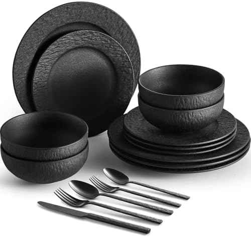 12-Piece Black Dinnerware Sets with 20-Piece Flatware