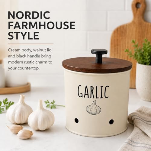 Garlic Keeper for Counter with Wooden Lid - Nordic Design Garlic