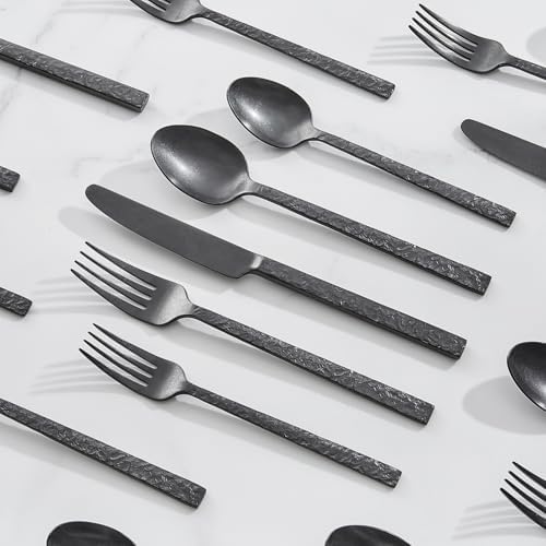 20 Pcs Black Hammered Silverware Set for 4, 18/10 Stainless Steel