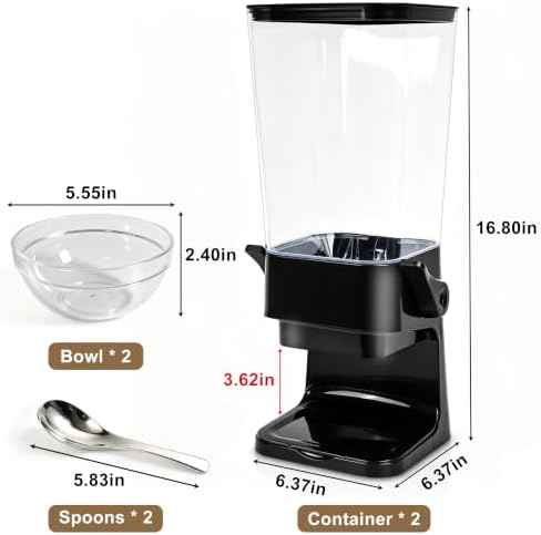 Cereal Dispenser Countertop Black 2 Pack with Bowl Spoon, 5.5 QT Cereal Containers Storage, Snack Dispenser for Pantry Kitchen Organization Oatmeal Nut Granola Candy Dry Dood