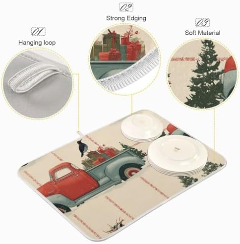 OTVEE Red Truck Snow Fun Dish Drying Mat for Kitchen Counter Absorbent