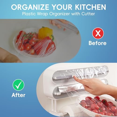 Magnetic Plastic Wrap Dispenser with Cutter,3 in 1 Aluminum Foil wrap Organizer,Upgrade Practical Refillable Cling Wrap Film Cutter，Wall Mount Kitchen Wrap Dispenser - Fits 12" Roll, White