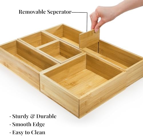 ZAVOOS 5 Pieces Bamboo Drawer Organizer, Multi-Use Storage Tray
