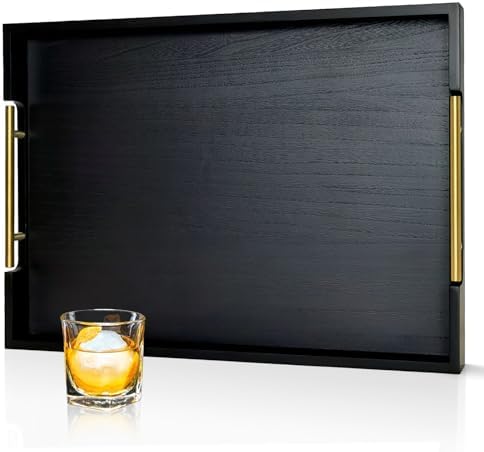 22 Inches Wooden Serving Tray with Handles, Black Ottoman Tray