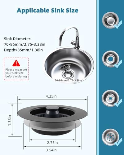 Universal 3-in-1 Kitchen Sink Drain Strainer Stopper, Matte Black