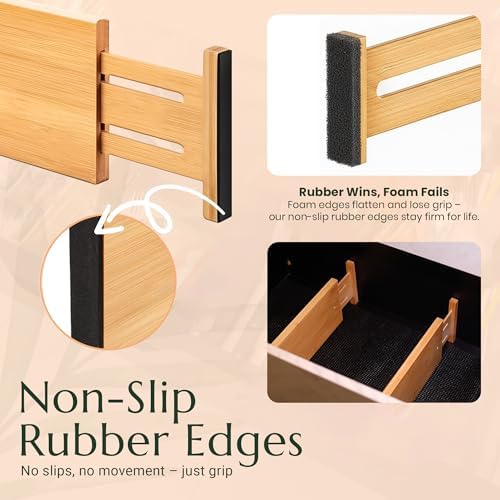 Bamboo Drawer Dividers 6 Pack with Non Slip Liner, Adjustable