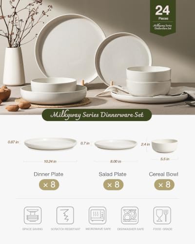 Famiware Milkyway 24-Piece Stoneware Dinnerware Set, Matte Beige White