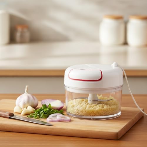 Quick Prep Manual Food Chopper, Compact Pull-String Garlic Mincer with