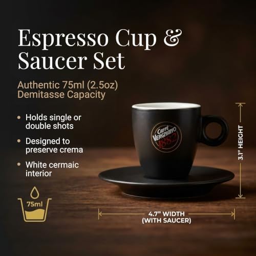 Caffe Vergnano Italian Espresso Cups & Saucers Set, Black Porcelain