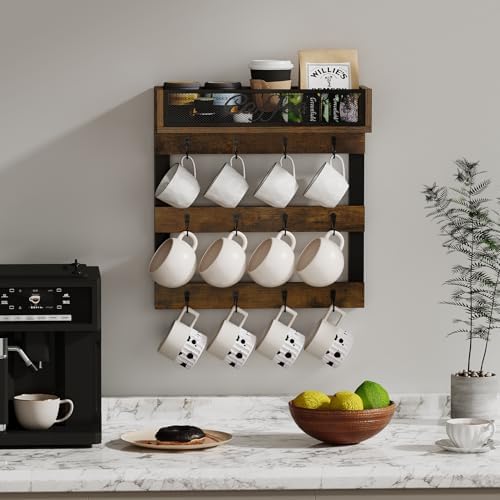 YINMIT Coffee Cup Holder Wall Mounted, 12-Hook Mug and Shelf for