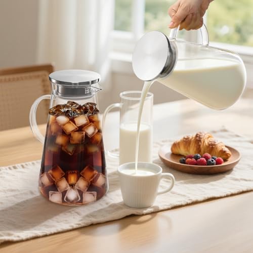 Nicunom 2 Pack 68 oz Glass Pitcher with Lid, BPA-Free Glass Water Jug