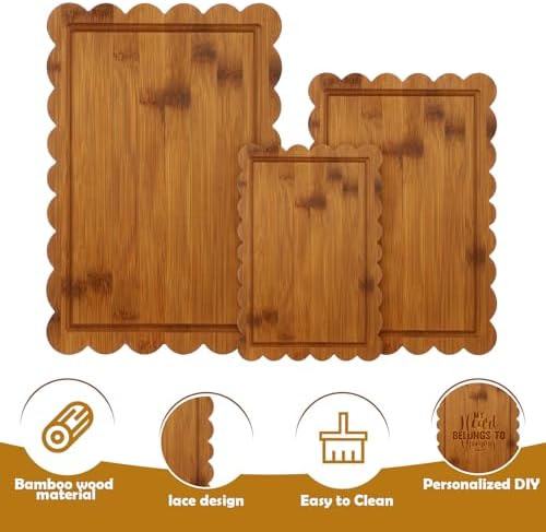 3 Pcs Charcoal Bamboo Wood Scalloped Cutting Boards, Medium