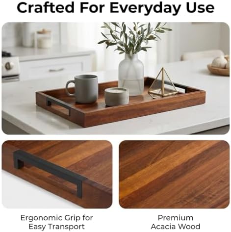 Acacia Wood Serving Tray with 2 Silicone Mats & Handles, 16.5"x12"