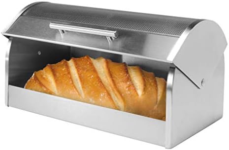 Oggi Stainless Steel Roll Top Bread Box for Kitchen Countertop with Tempered Glass Lid - Fits Multiple Large Loaves of Bread and Other Freshly Baked Goods Including Cookies, Bagels, Muffins