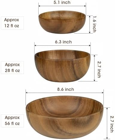 Wooden Salad Bowls Set of 3, Acacia, 5.1, 6.3 & 8.6 Inch
