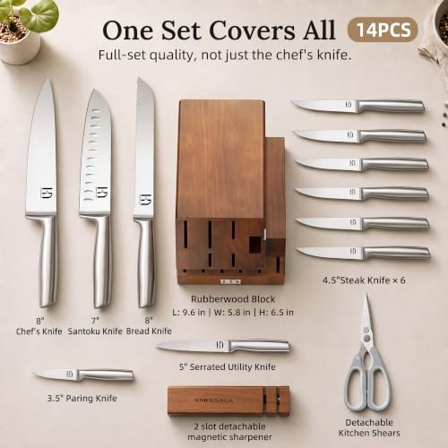 KnifeSaga 14-Piece Knife Set with Block and Sharpener